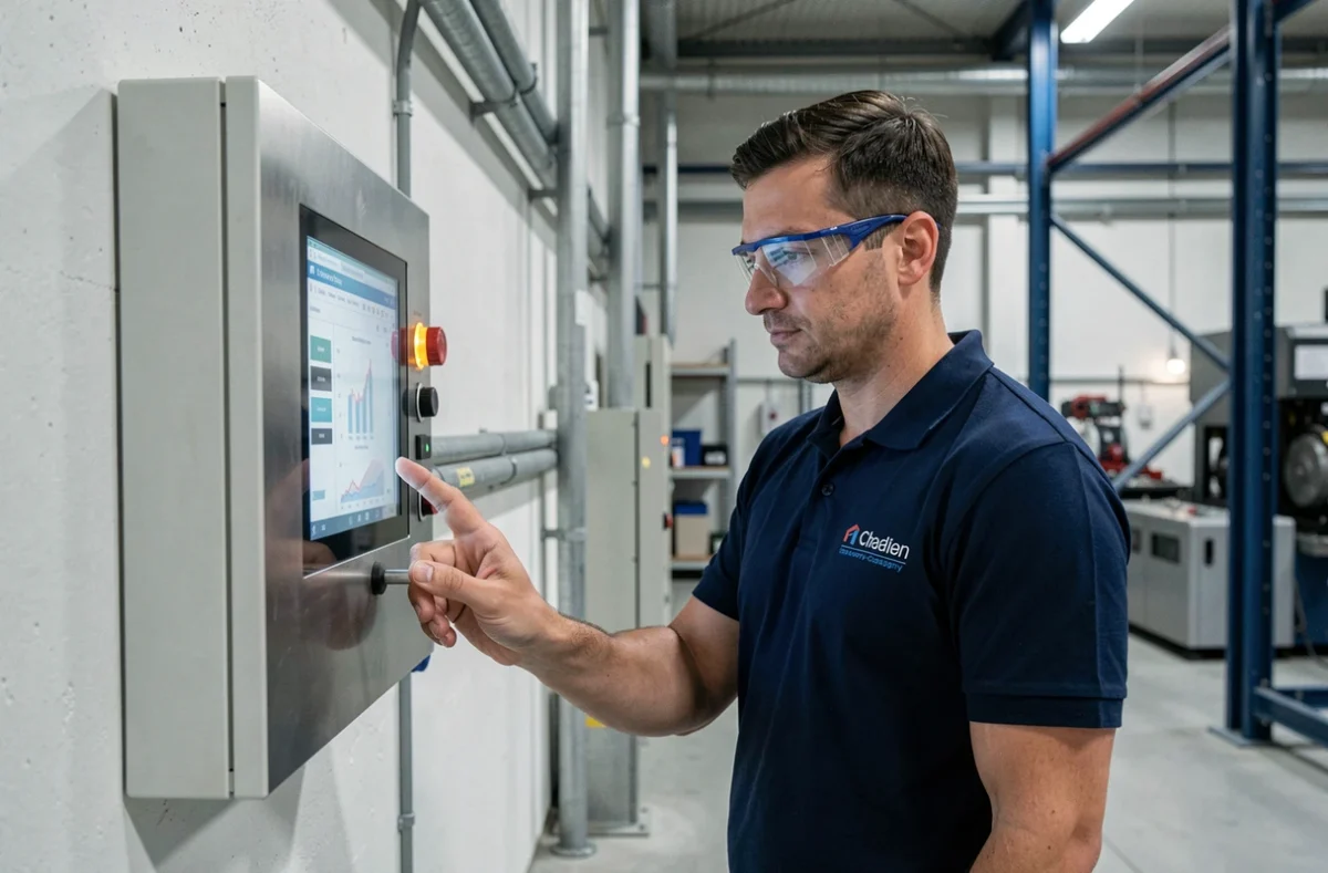 Technicien d'ACCEMATIC programmant un panneau d'automatisme industriel dans un atelier à Chevry-Cossigny