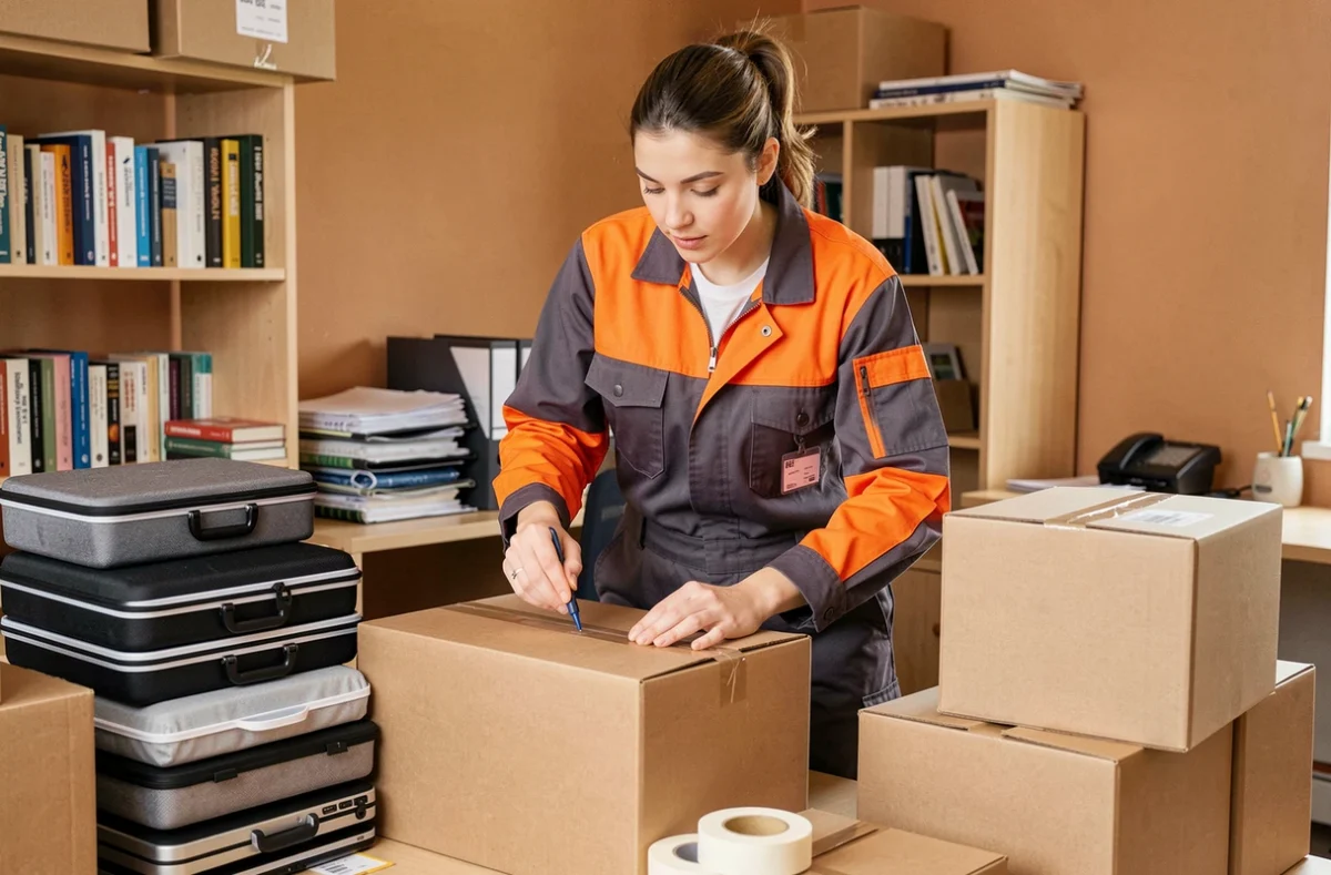 Déménageuse ADC Déménagement étiquetant des cartons dans un bureau à domicile à Poitiers