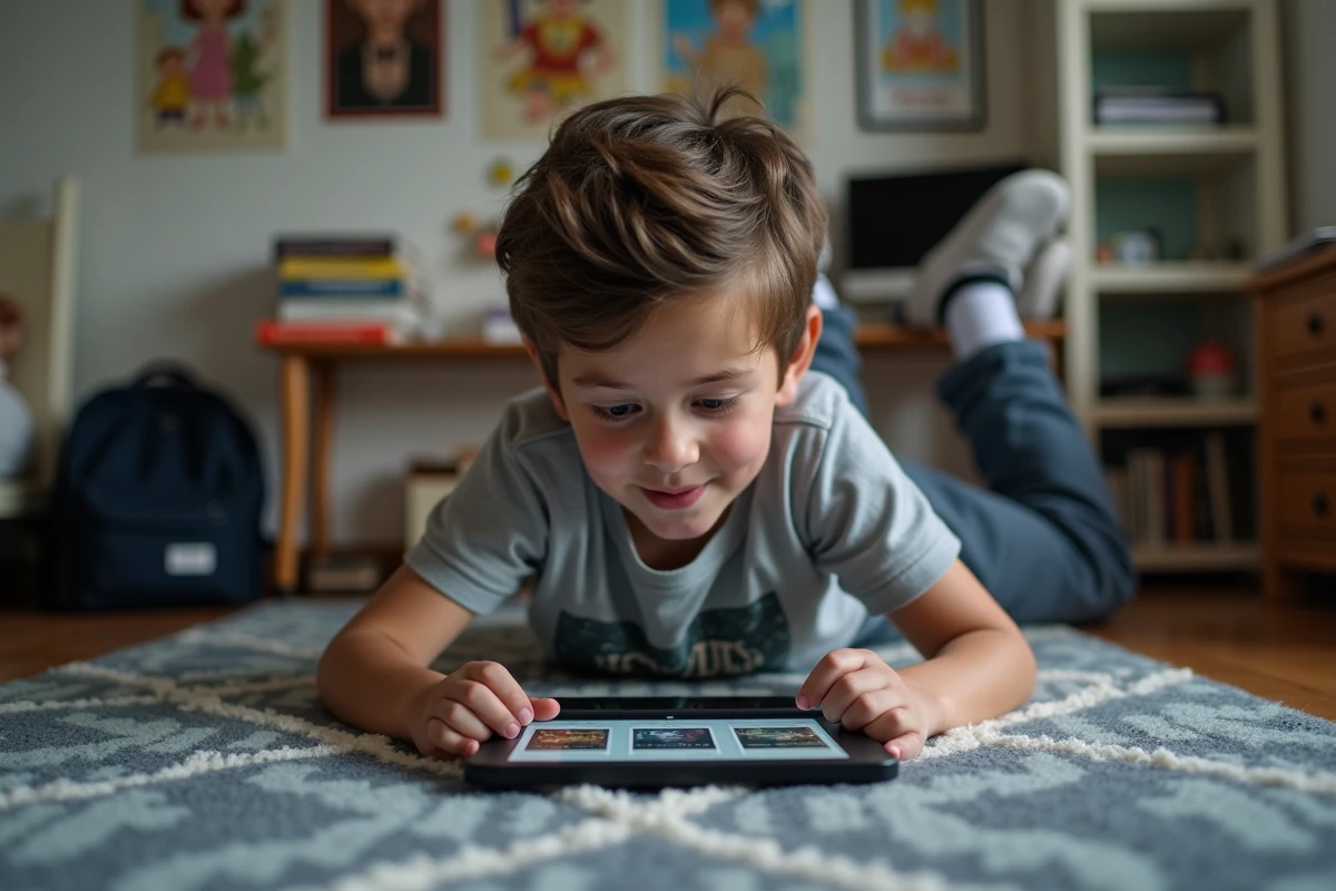 Adolescent allongé sur le sol de sa chambre explorant une bibliothèque numérique d'ebooks romans et mangas sur tablette