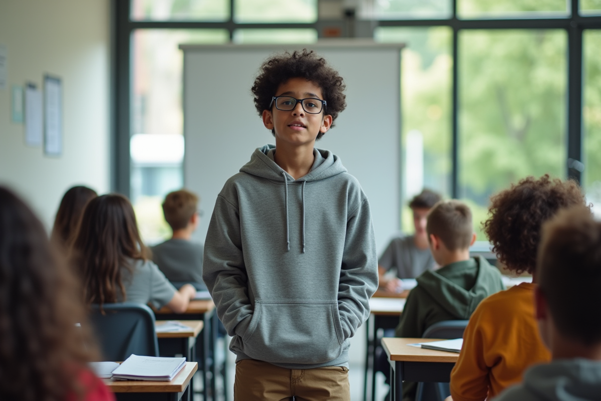 Adolescent discutant devant un tableau blanc dans une classe moderne