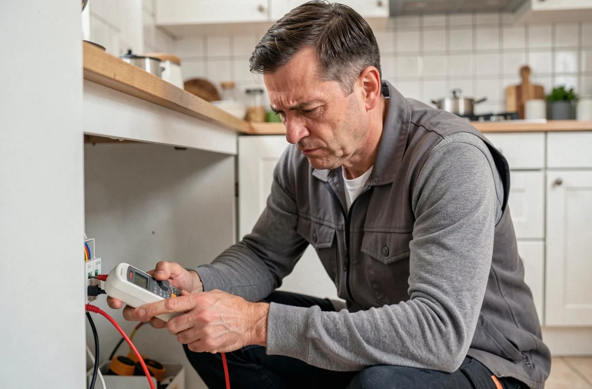 Électricien d'ADPS diagnostiquant une panne électrique sous un plan de cuisine dans une maison résidentielle française