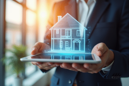 Agent immobilier avec hologramme de maison moderne