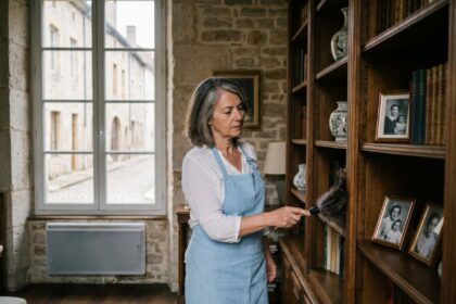 Aide ménagère professionnelle en tablier bleu époussetant une bibliothèque en bois dans un salon de maison provinciale française à Lons-le-Saunier
