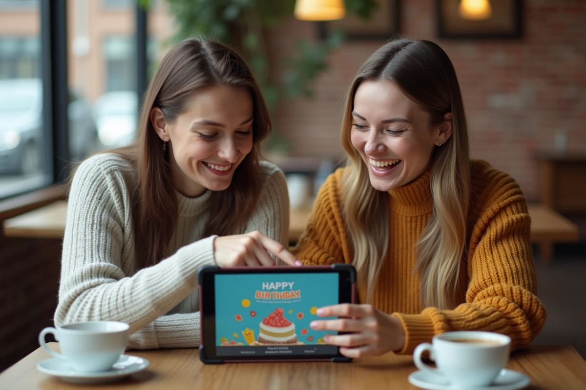Deux amies choisissant une cybercarte animée ensemble sur une tablette dans un café