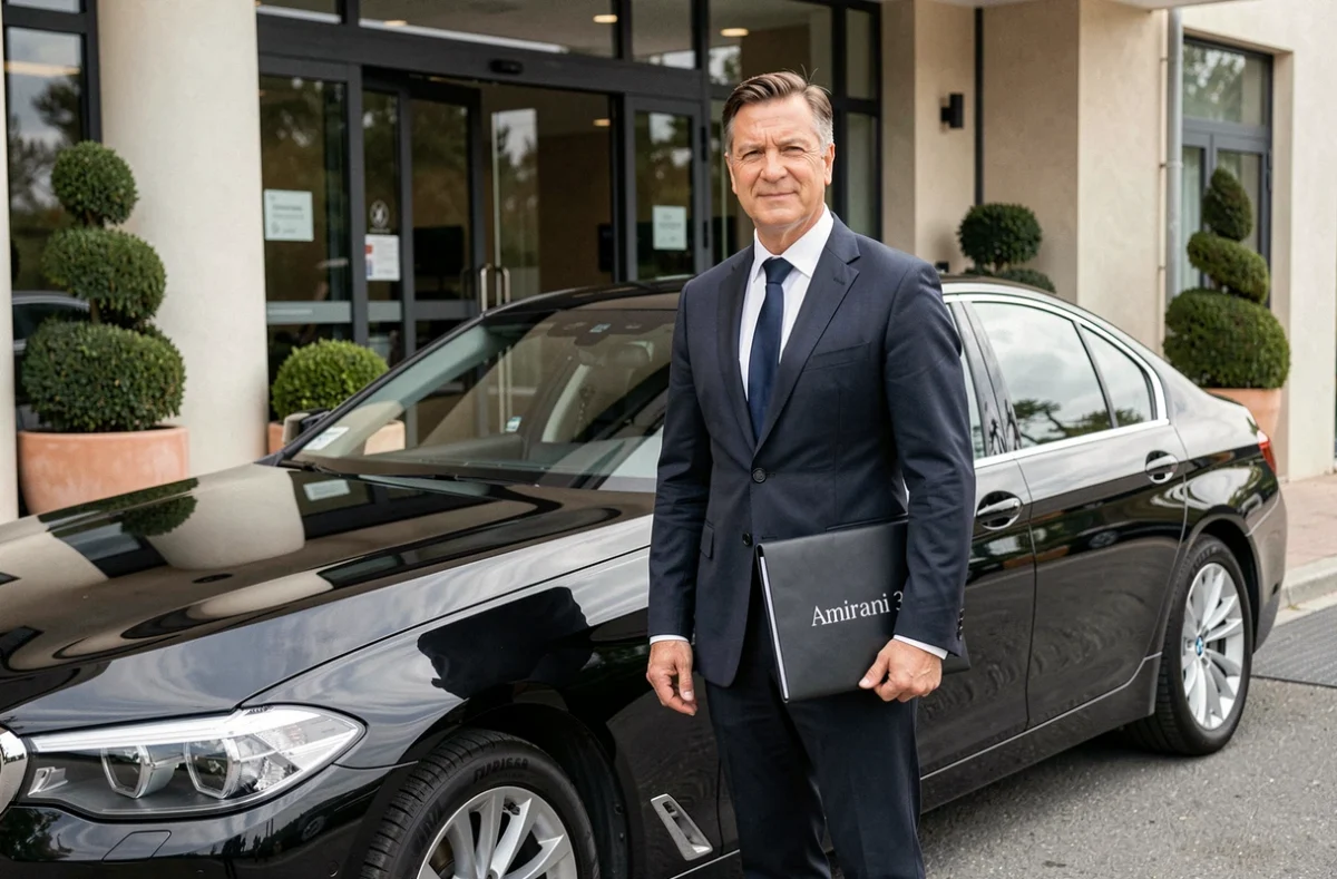 Chauffeur élégant d'Amirani 3 en costume sombre tenant un dossier de marque devant une BMW 5 Series noire à l'entrée d'un hôtel contemporain dans les Yvelines