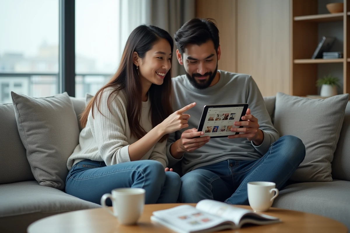 Deux amis consultant ensemble l'application elipson Scan sur une tablette pour gérer leur collection de mangas dans un salon moderne