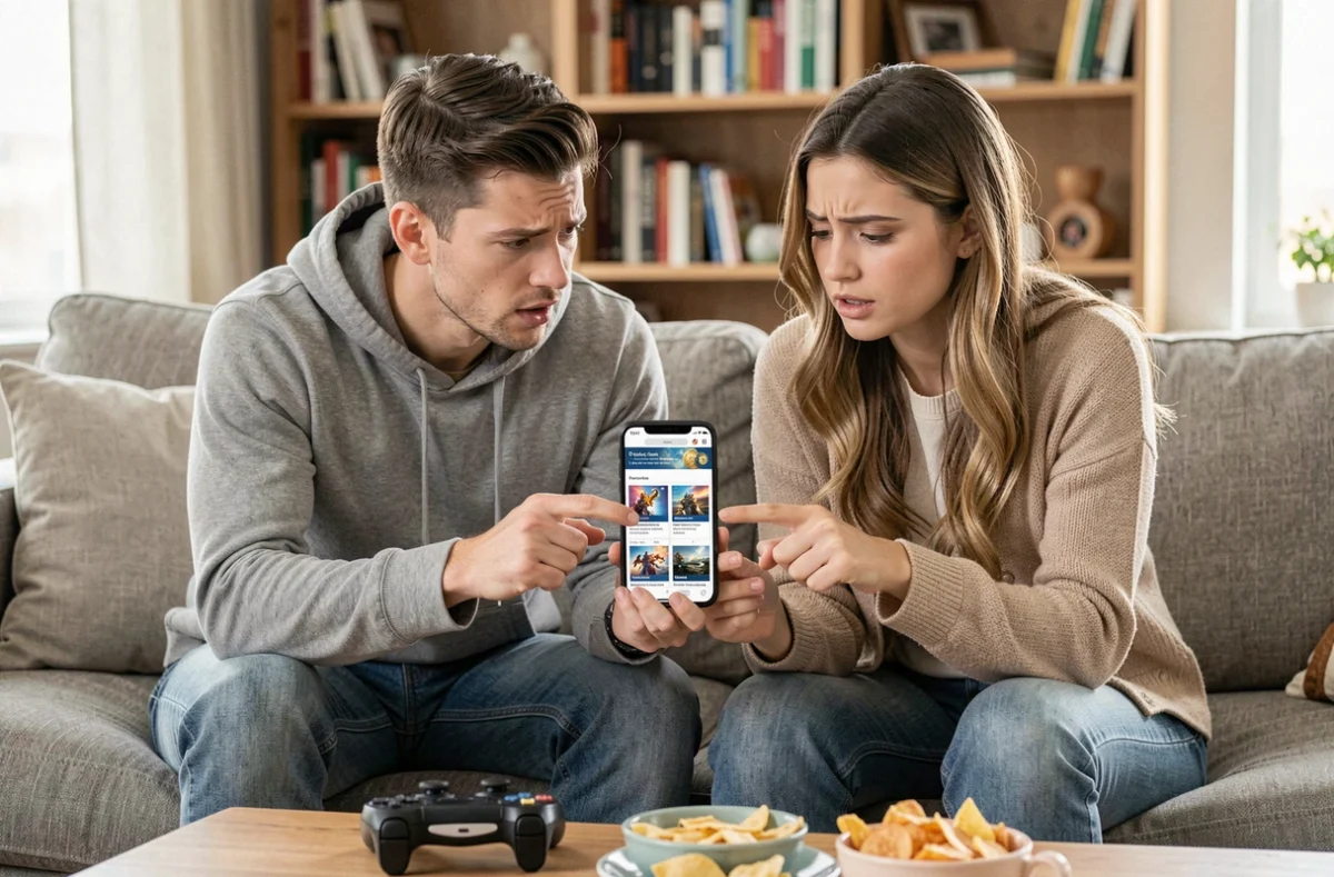 Deux amis adultes comparant des plateformes d'achat in-game sur smartphone, discutant de la fiabilité d'Igvault avant un achat de monnaie virtuelle