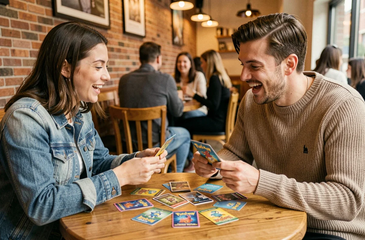 Deux amis adultes ouvrant des boosters Pokémon 2026 dans un café avec des cartes étalées sur la table en bois