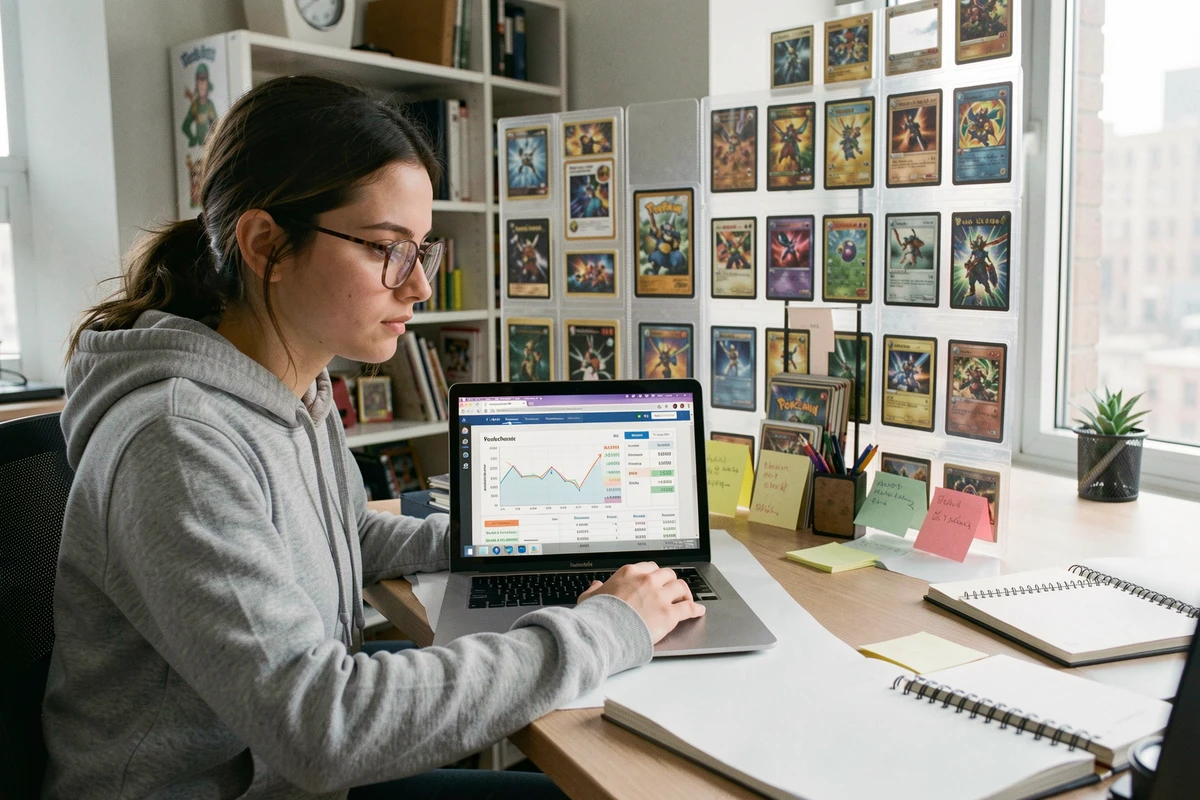 Jeune femme analyste analysant la valeur et les prix des cartes Pokémon rares sur un ordinateur portable avec des cartes gradées exposées derrière elle