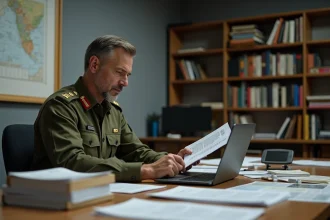 Analyste militaire en uniforme étudiant des rapports de défense dans un bureau institutionnel