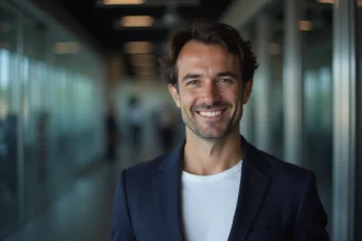 Portrait d'un animateur culinaire télévision dans les coulisses d'un studio moderne