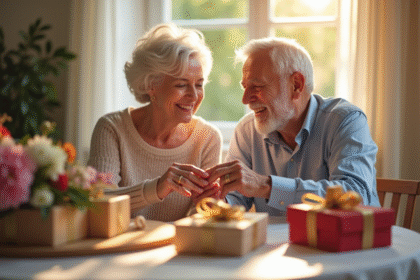 Couple de soixante ans échangeant des anneaux lors d'un anniversaire