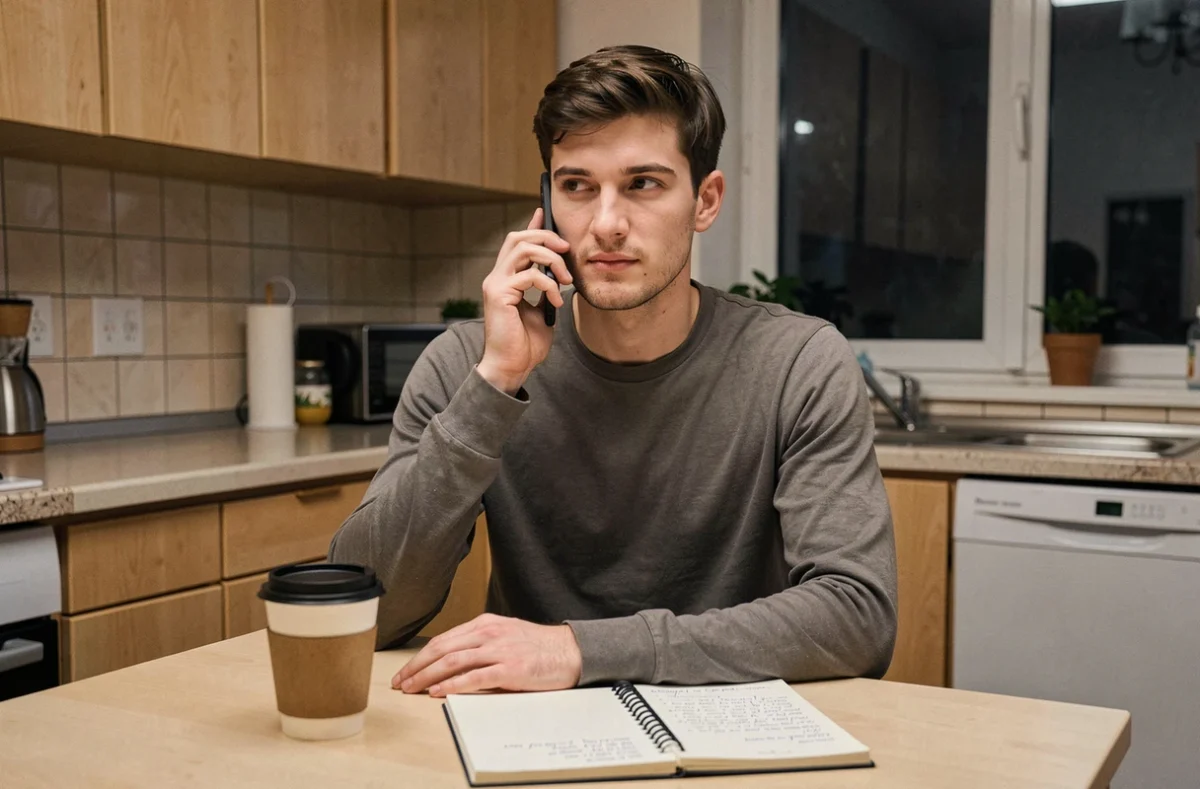 Jeune homme appelant la ligne infoline teuf depuis sa cuisine pour obtenir des conseils de sécurité avant une soirée, prenant des notes