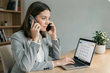 Femme professionnelle passant un appel international depuis son bureau à domicile avec un smartphone et un ordinateur portable affichant l'indicatif +44 du Royaume-Uni