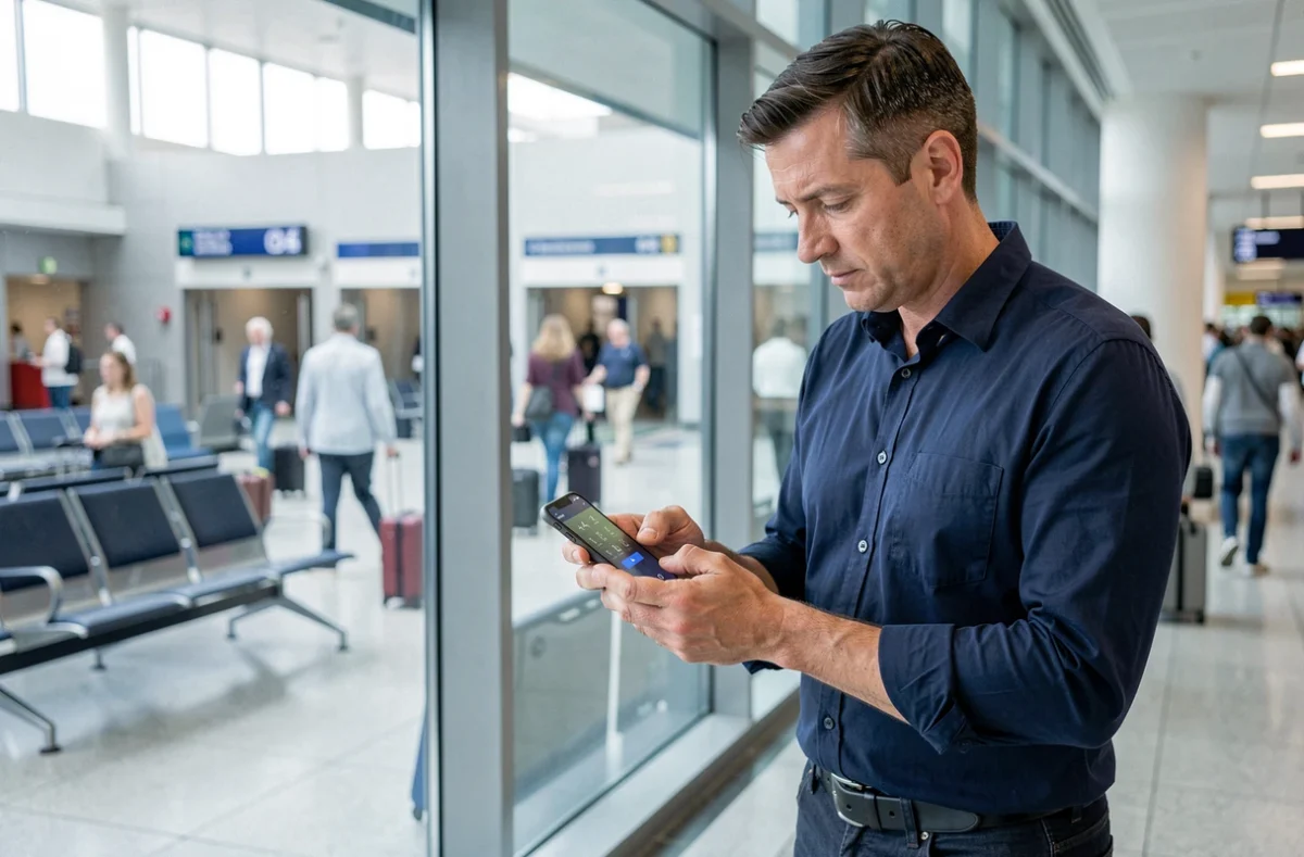 Homme en transit dans un aéroport composant un numéro international avec l'indicatif téléphonique +44 pour appeler le Royaume-Uni depuis son smartphone