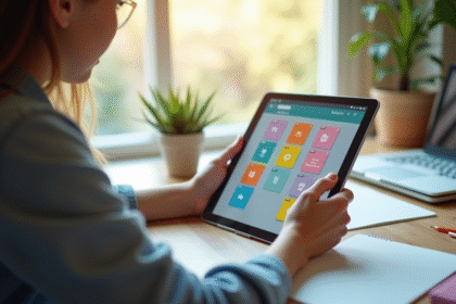 Personne étudiant avec tablette et flashcards colorés