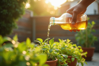 Personne versant du vinaigre sur des mauvaises herbes en patio en plein soleil