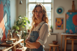 Femme artiste dans un studio lumineux et moderne