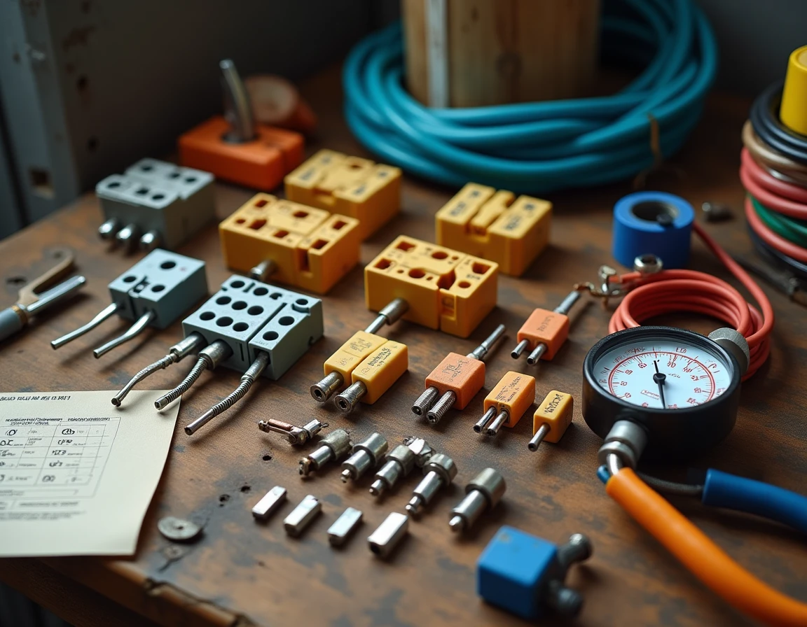 Assortiment de bornes de connexion électrique et fils de différentes sections sur un établi d'électricien avec outil de calibrage
