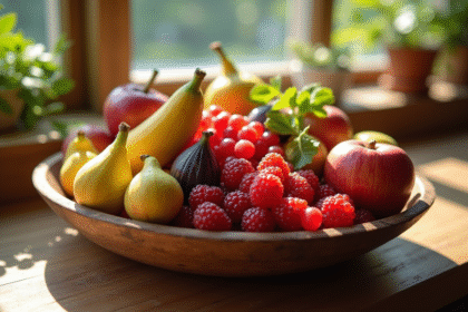 Assortiment de fruits avec I dans un bol en bois