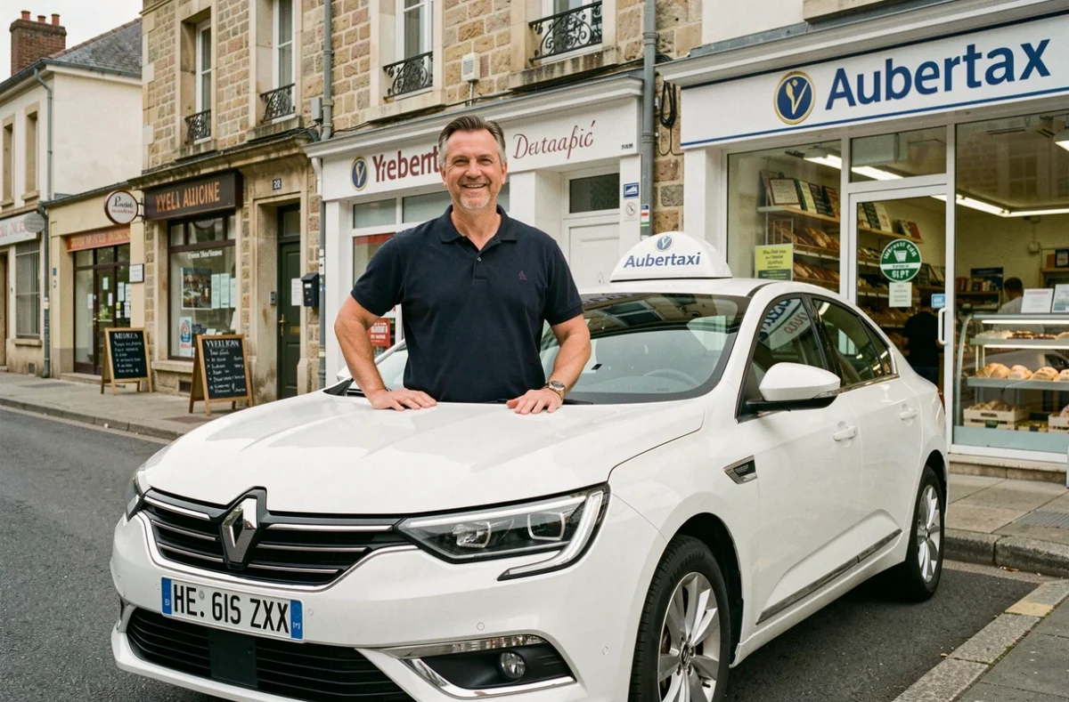 Chauffeur d'Aubertaxi en polo sombre devant une Renault Talisman blanche avec enseigne taxi, garée dans une rue commerçante typique des Yvelines