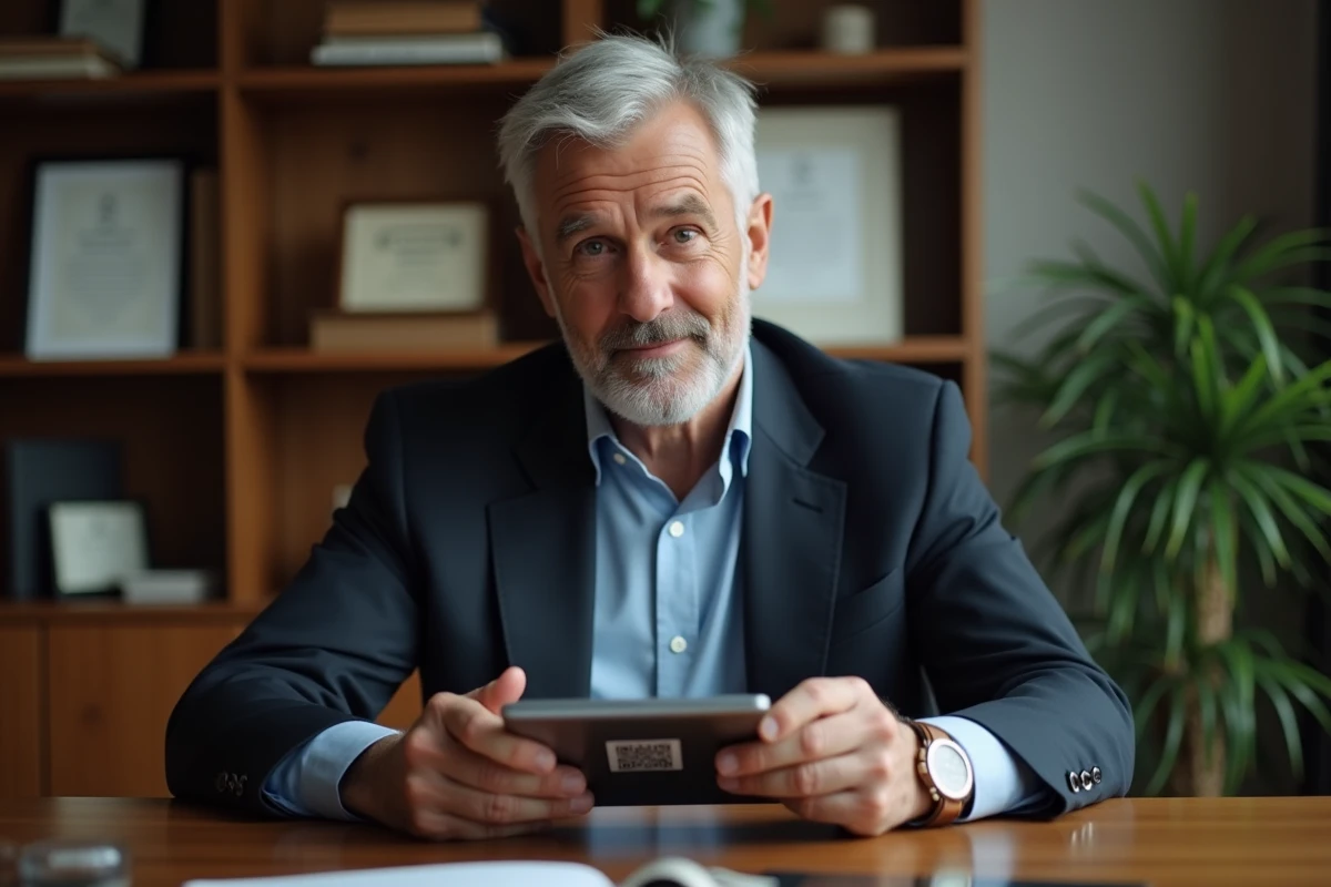 Avocat utilisant une tablette pour scanner un QR code dans un bureau à domicile