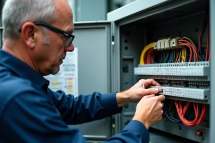 Électricien insérant un fil de cuivre dans une borne de connexion électrique sur rail DIN à l'intérieur d'un tableau électrique industriel