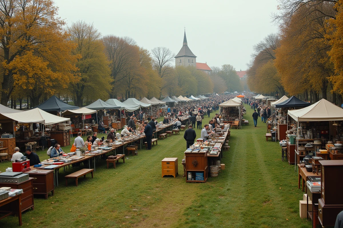 Vue panoramique d'une grande brocante en plein air dans un village de Moselle en automne