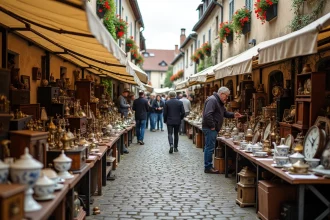 Brocante animée sur une place de village en Moselle avec des étals d'objets vintage et d'antiquités en 2026