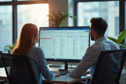 Espace de travail moderne avec deux personnes collaborant sur un ordinateur