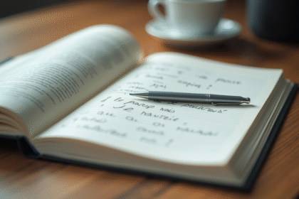 Bureau moderne avec livre de grammaire ouvert et notes