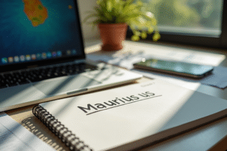 Bureau moderne avec adresse mauricienne sur un carnet