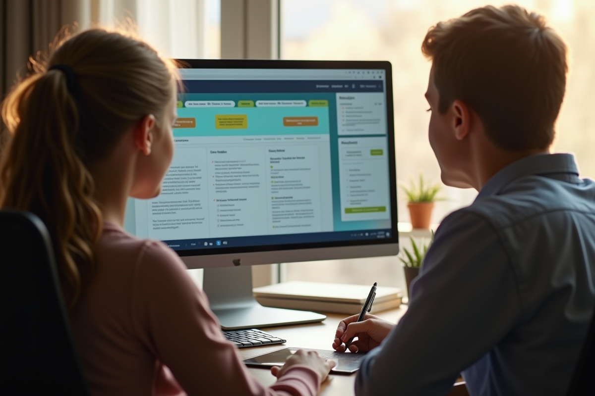 Parent aidant un élève sur un ordinateur dans un bureau moderne