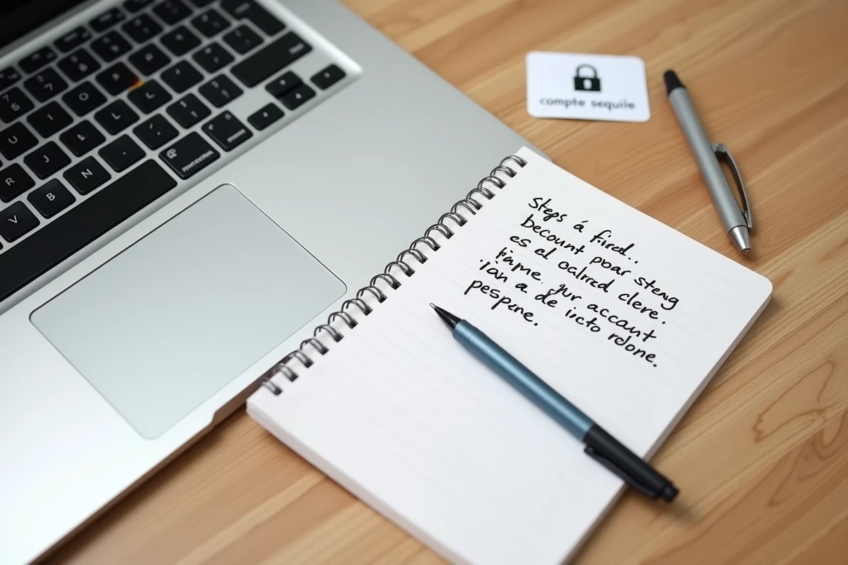 Vue aérienne d'un bureau avec ordinateur portable et notes sur la création d'un compte sécurisé pour un service de scan