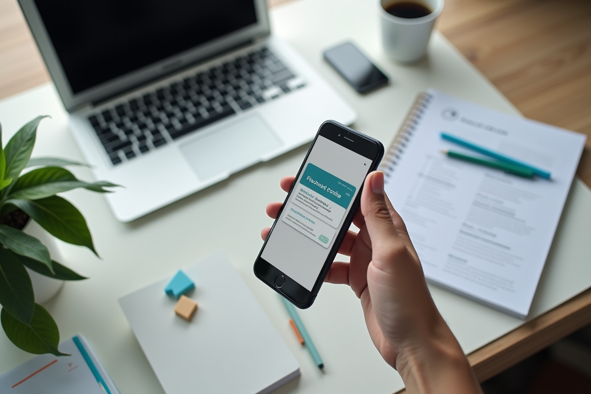 Vue de dessus d un bureau avec smartphone et fournitures