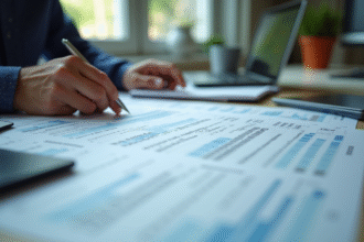 Bureau bien éclairé avec documents de salaire et mains tenant un stylo