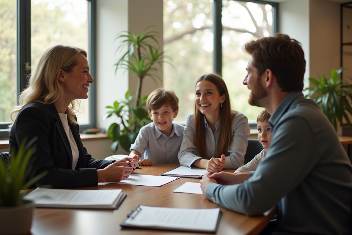 Avocate accueillante discutant avec une famille dans son bureau