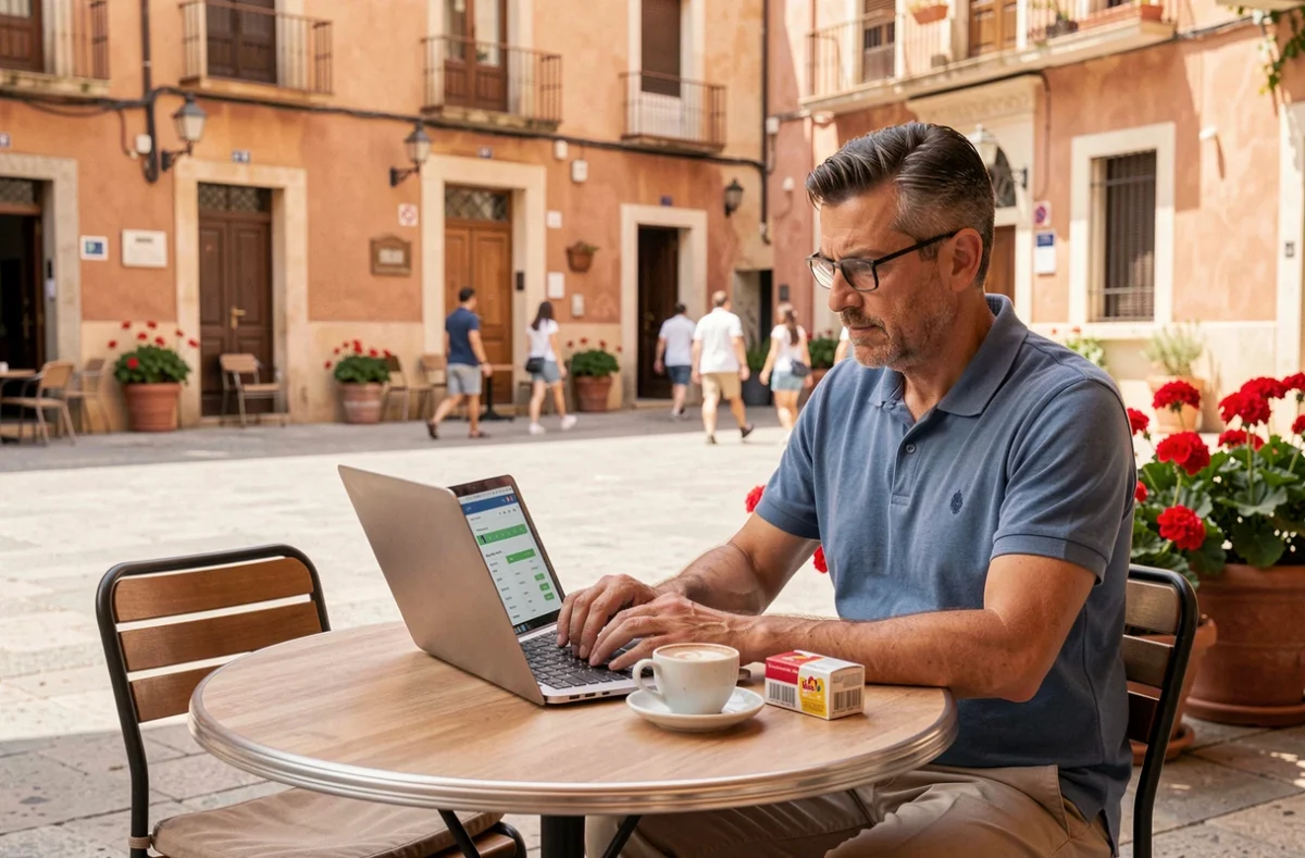 Touriste utilisant un calculateur d'économies sur cartouches médicales en terrasse espagnole