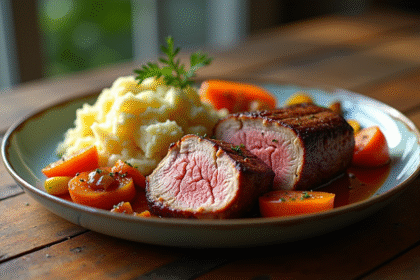 Assiette de canard poêlé tranché avec légumes de saison