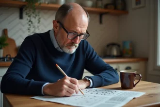 Homme d'âge moyen résolvant un mots croisés dans une cuisine chaleureuse