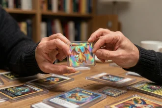 Collectionneur tenant une rare carte Pokémon holographique Charizard en état parfait dans des protège-cartes, entouré de cartes gradées PSA sur un bureau en bois