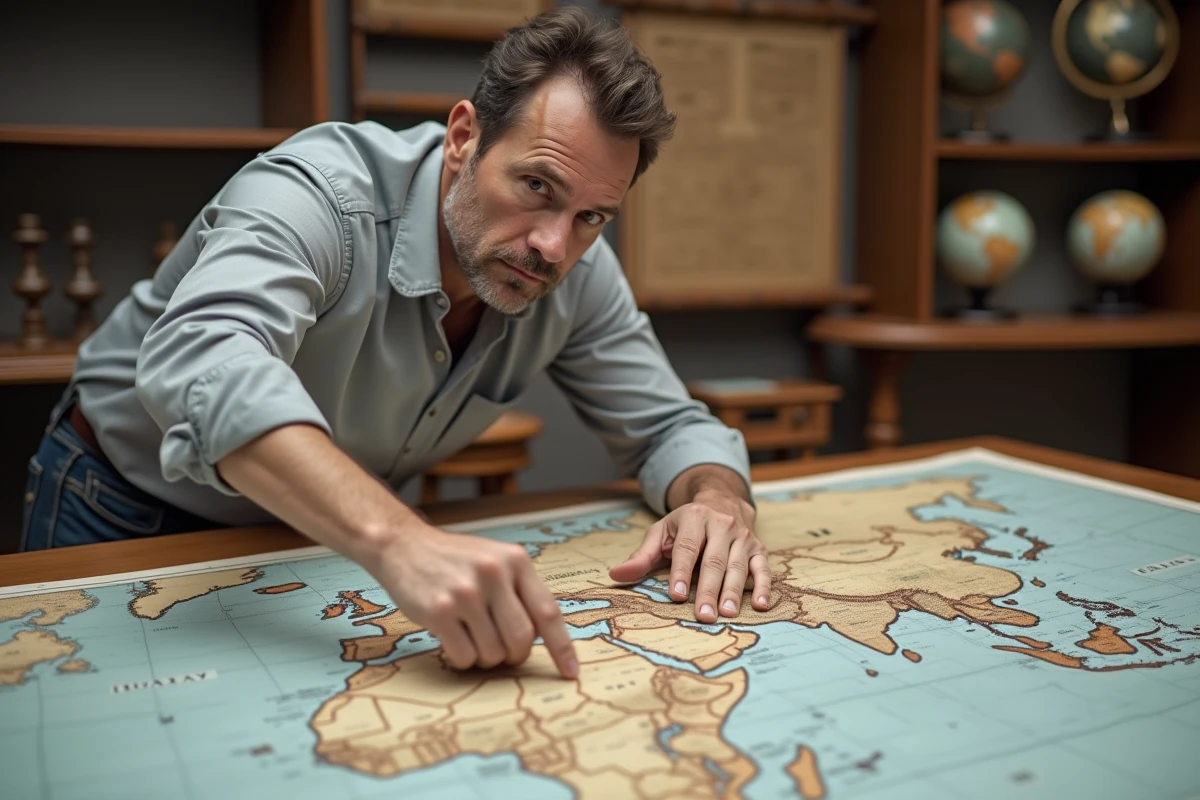 Cartographe homme pointant une carte du monde avec des icônes de drapeaux rouge blanc noir