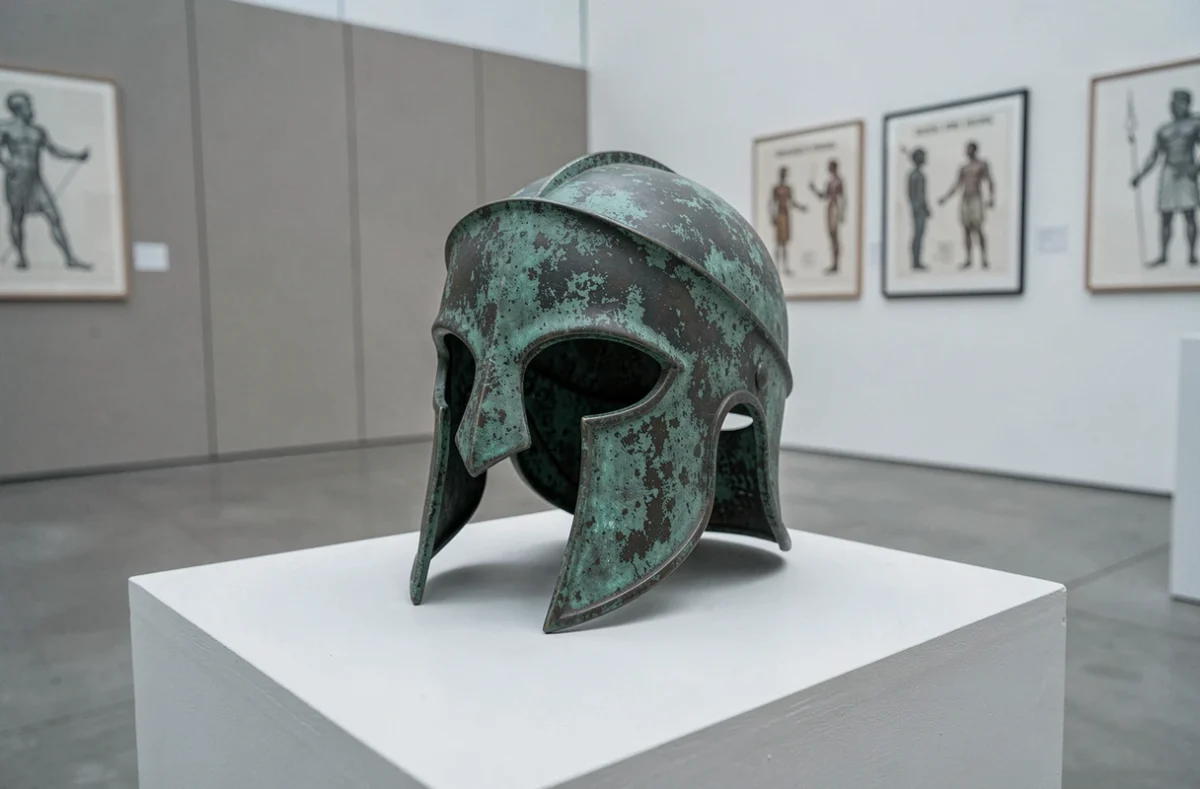Casque corinthien en bronze antique avec patine verdigris exposé sur un piédestal de musée, symbole d'Athéna guerrière