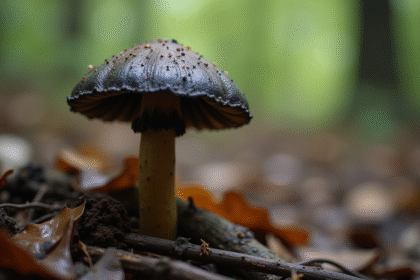 Chanterelle charbonnee en gros plan sur sol humide forêt