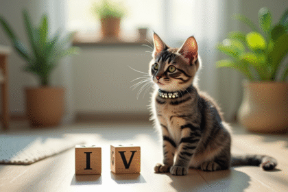 Jeune chat gris avec collier brillant près de blocs en bois