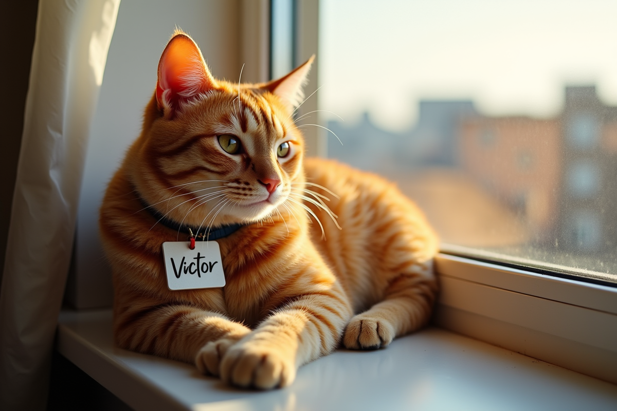 Chat orange sur le rebord de fenêtre avec nom Victor