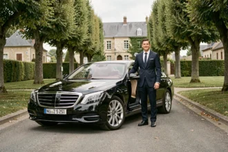 Un chauffeur VTC professionnel en costume sombre ouvre la portière d'une berline noire de luxe sur une avenue arborée dans les Yvelines