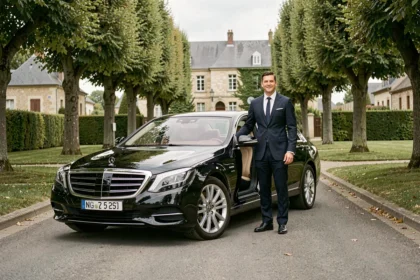 Un chauffeur VTC professionnel en costume sombre ouvre la portière d'une berline noire de luxe sur une avenue arborée dans les Yvelines