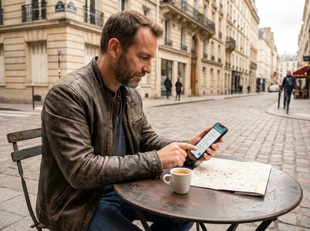Homme consultant une checklist de voyage sur smartphone en terrasse de café européen