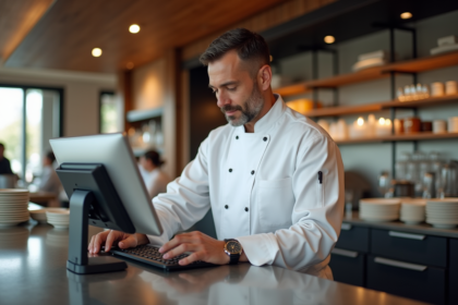 Chef en uniforme blanc utilisant un systeme de point de vente moderne